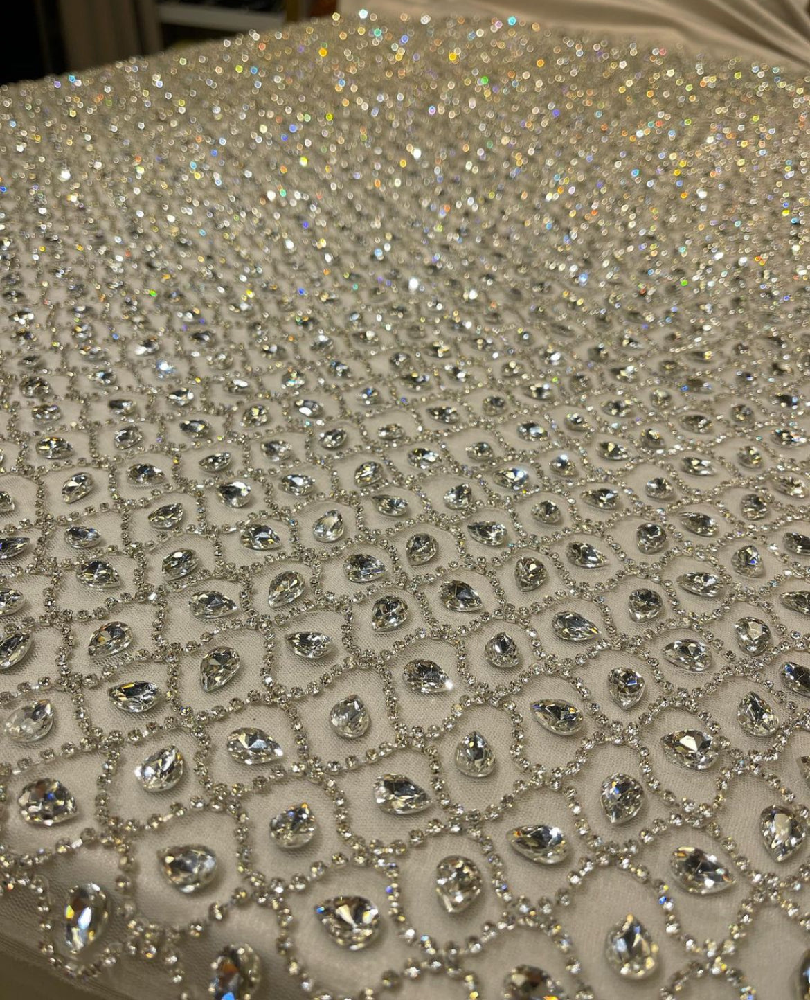 Radiant Hand-Embroidered Geometric Fabric β Iridescent Elegance