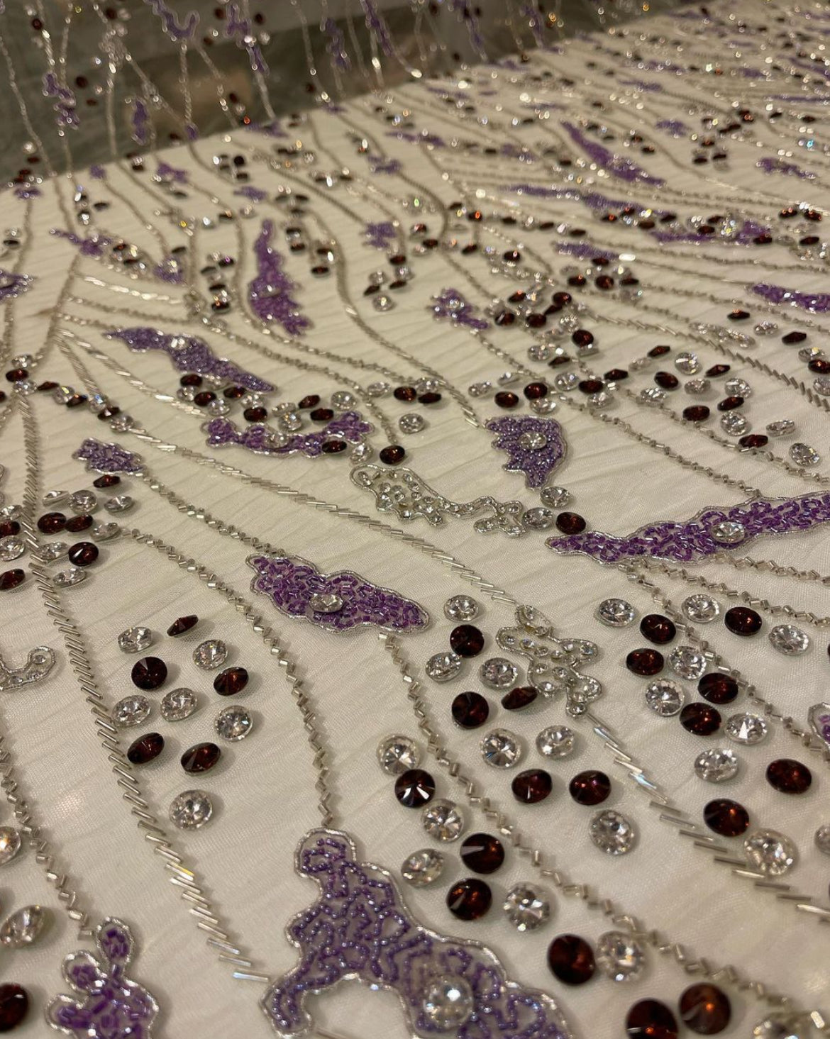 Luxurious Handcrafted Embroidered Fabric β Dynamic Gold & Blue Design with Silver & Purple Options