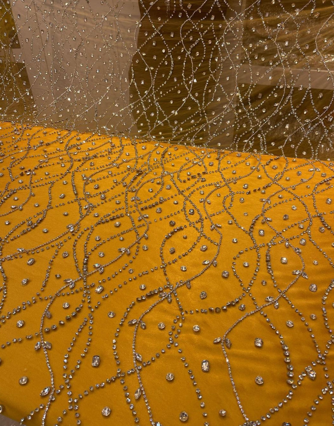 Golden Radiance β Luxurious Hand-Embroidered Geometric Fabric