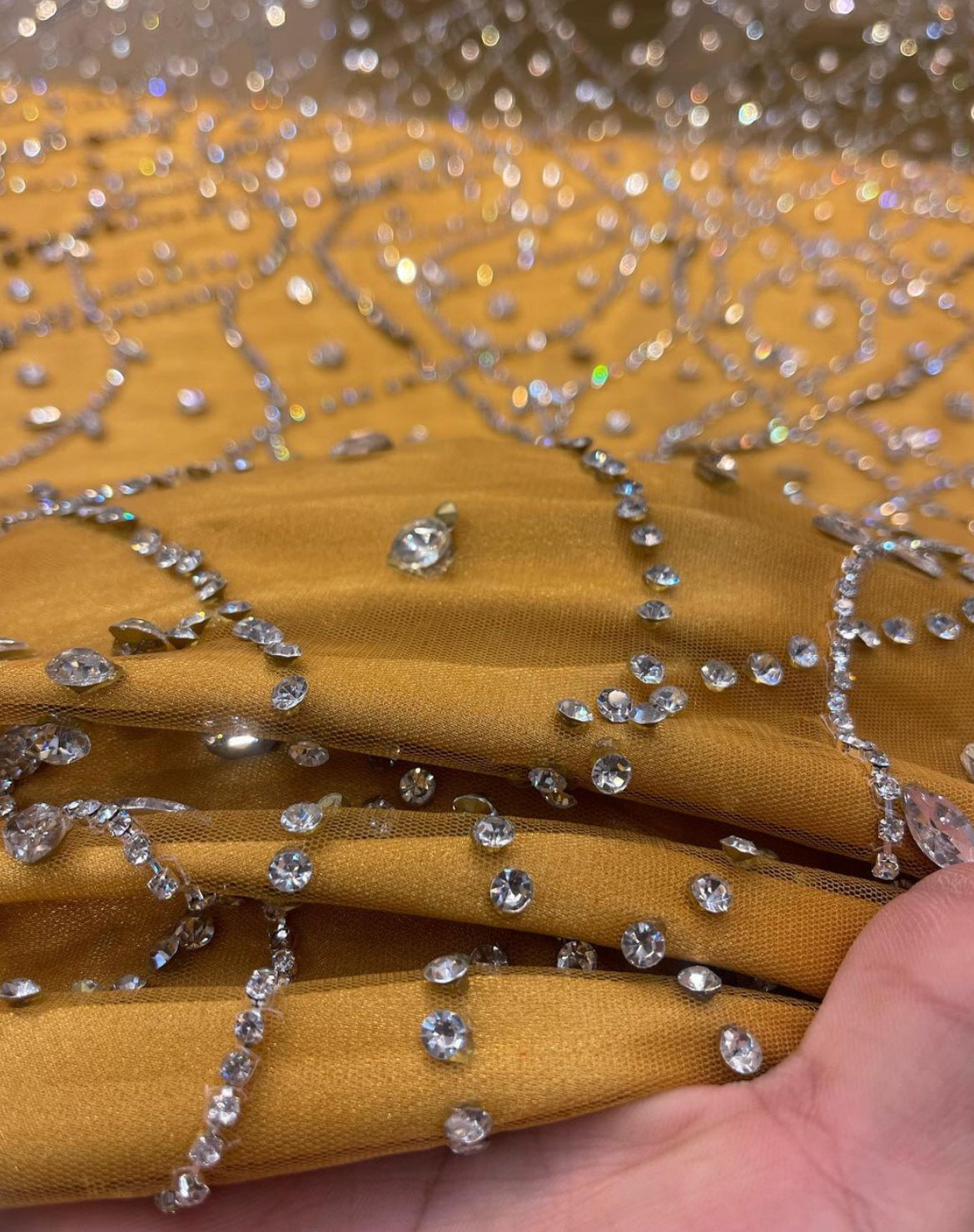 Golden Radiance β Luxurious Hand-Embroidered Geometric Fabric