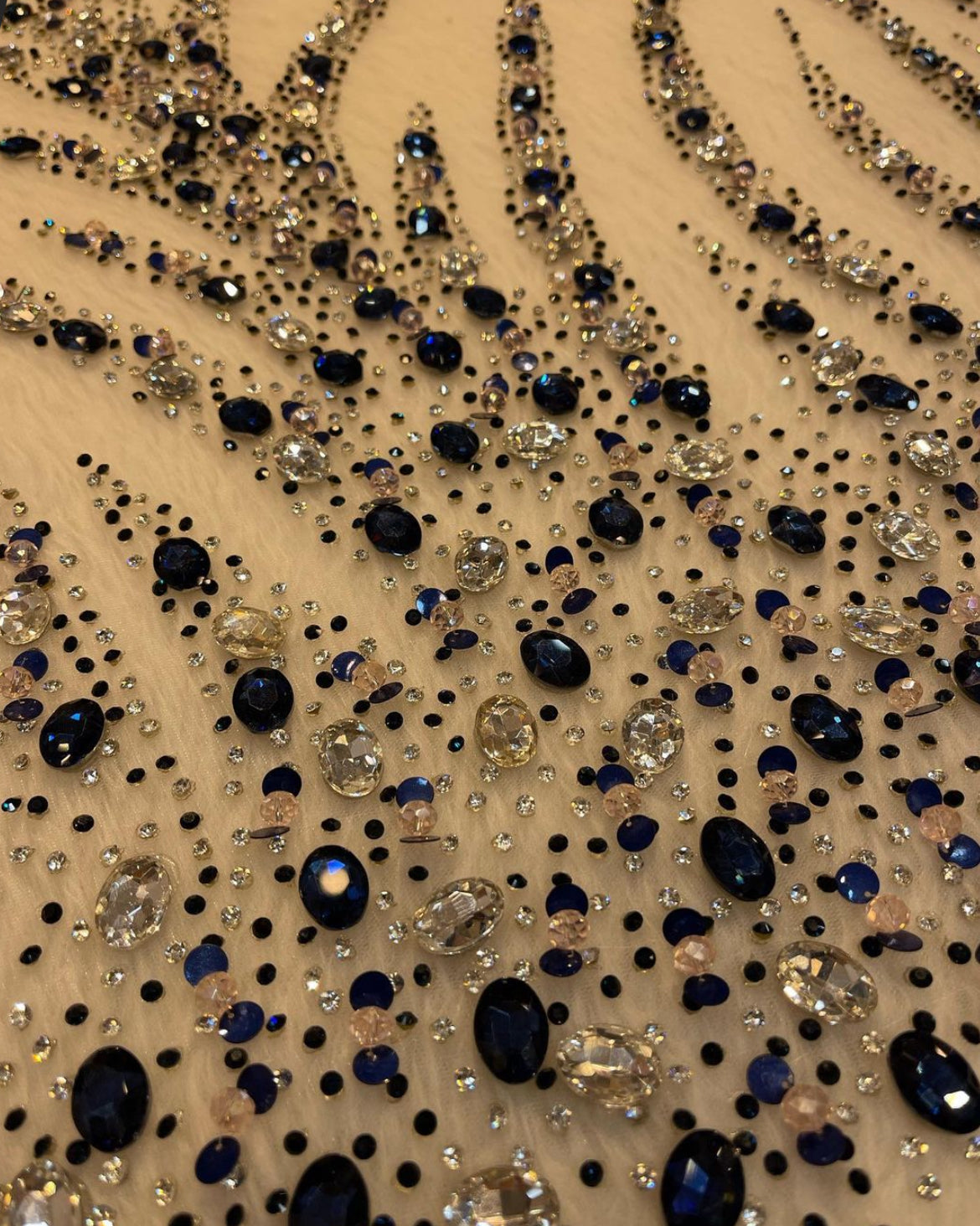 Elegant Hand-Embroidered Pastel Green and Navy Blue Fabrics with Shimmering Detailing