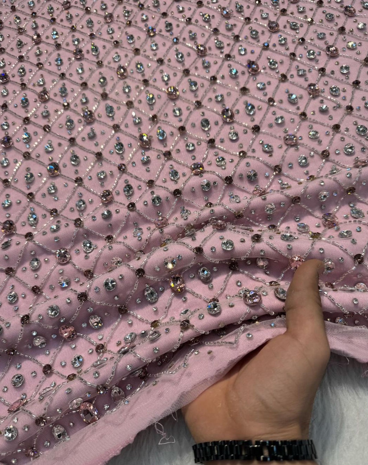 Geometric Elegance: Luxurious Hand-Embroidered Tulle Fabrics with Radiant Rhinestones