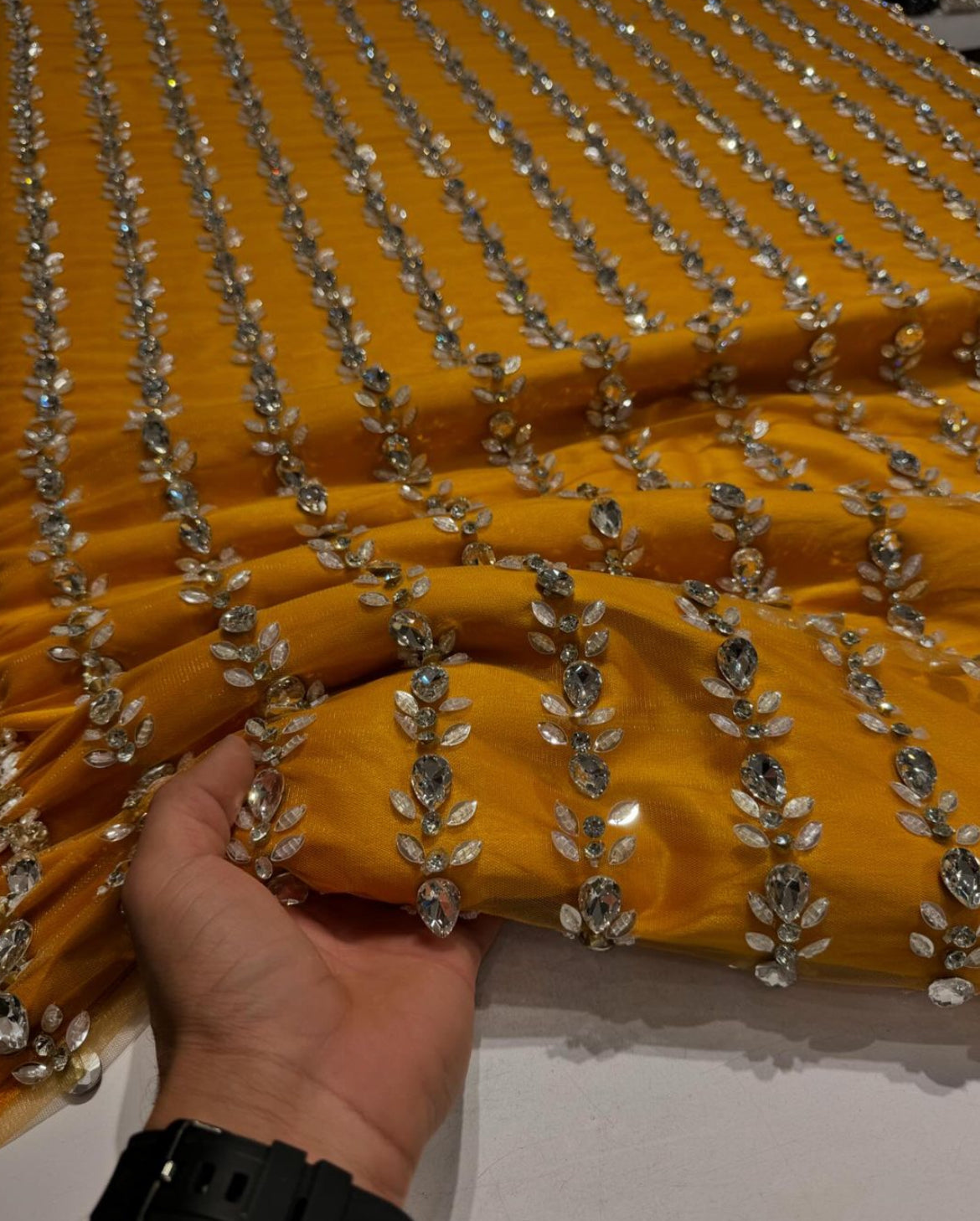 Luxurious Handcrafted Rhinestone & Bead Embroidery Fabric β Oval and Leaf Motif in Gold, Silver, and Light Blue