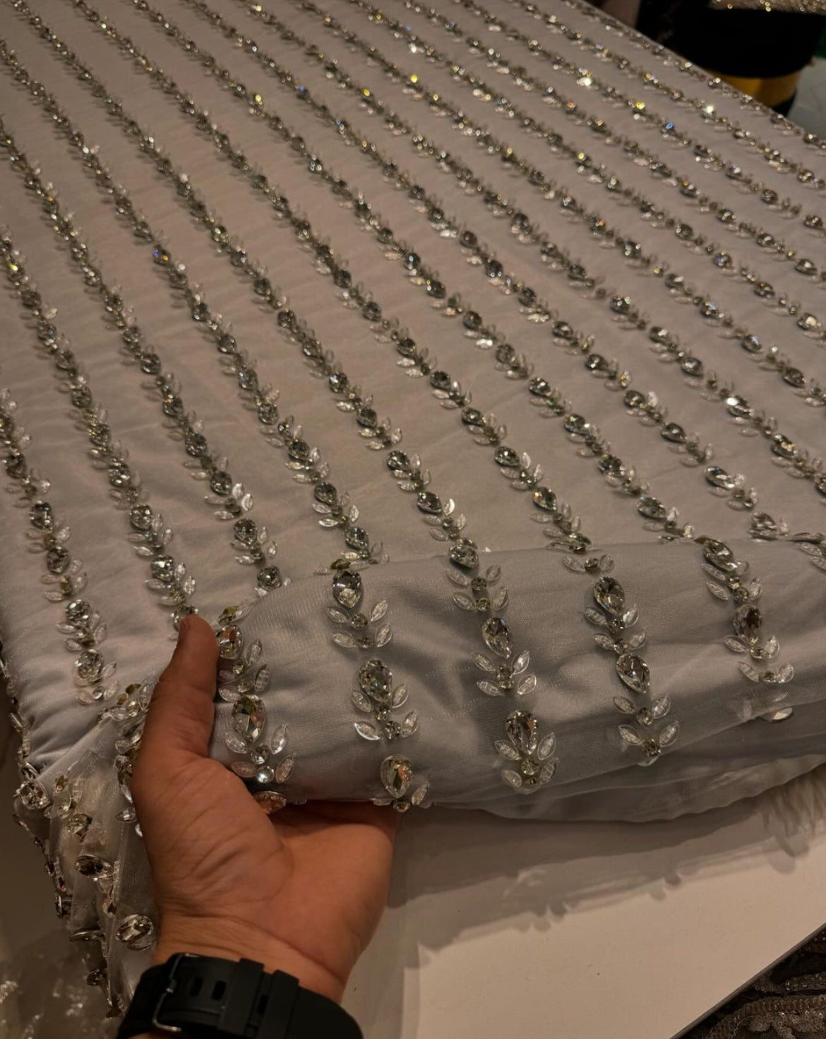 Luxurious Handcrafted Rhinestone & Bead Embroidery Fabric β Oval and Leaf Motif in Gold, Silver, and Light Blue