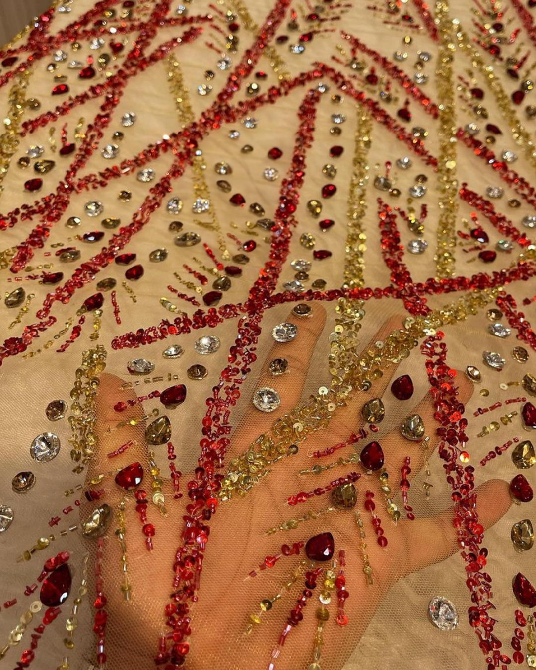 Handcrafted Luxury Embroidered Fabric β Art Deco Elegance in Golden, Red, and Green Variants