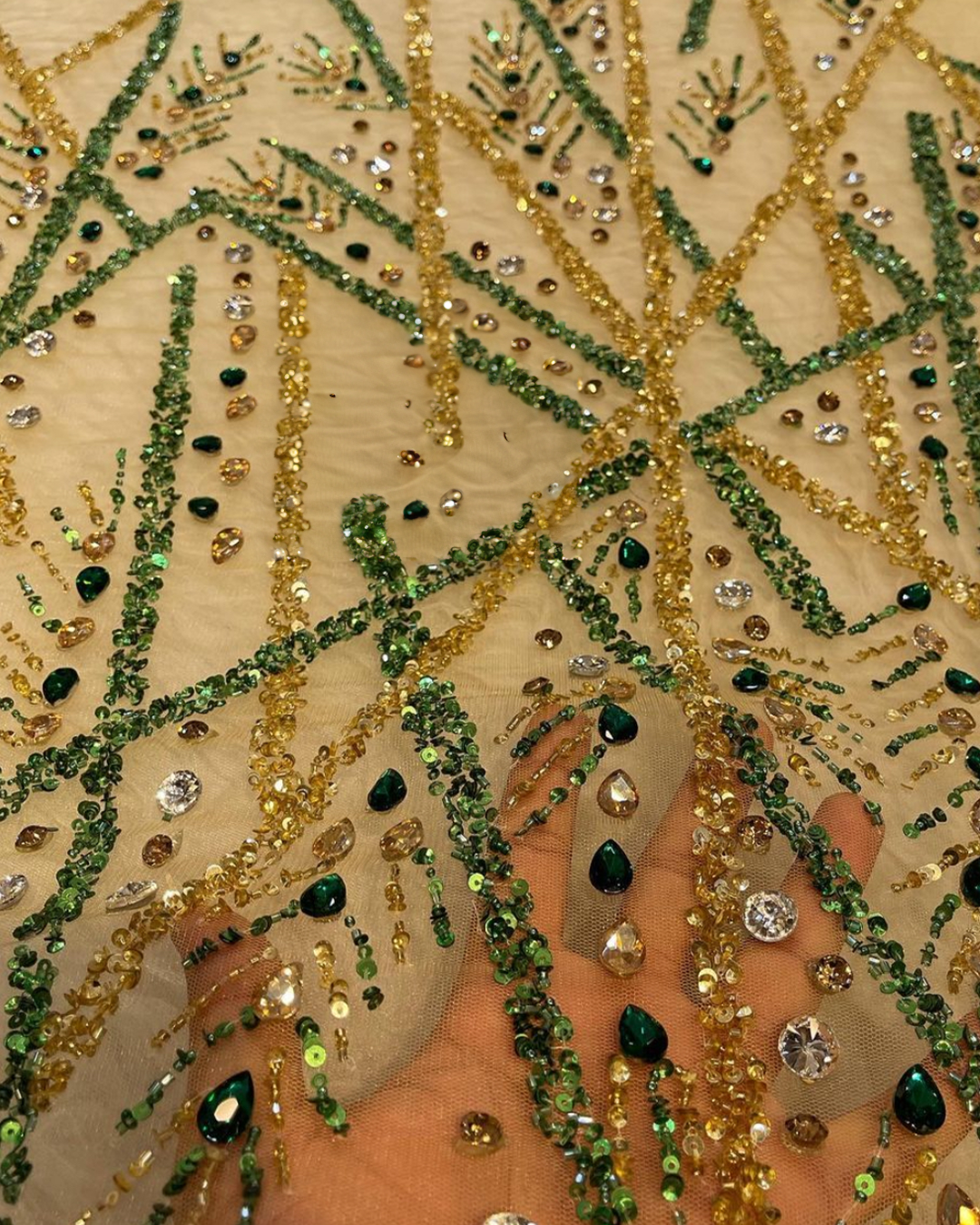 Handcrafted Luxury Embroidered Fabric β Art Deco Elegance in Golden, Red, and Green Variants