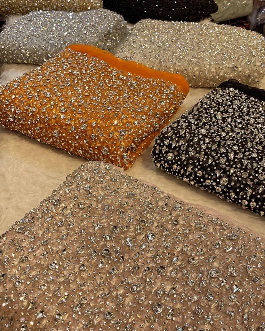 Luxury Handcrafted Crystal Bead Fabric in Black, Ivory, Yellow, and Blue β Ideal for Evening Gowns and Couture Creations