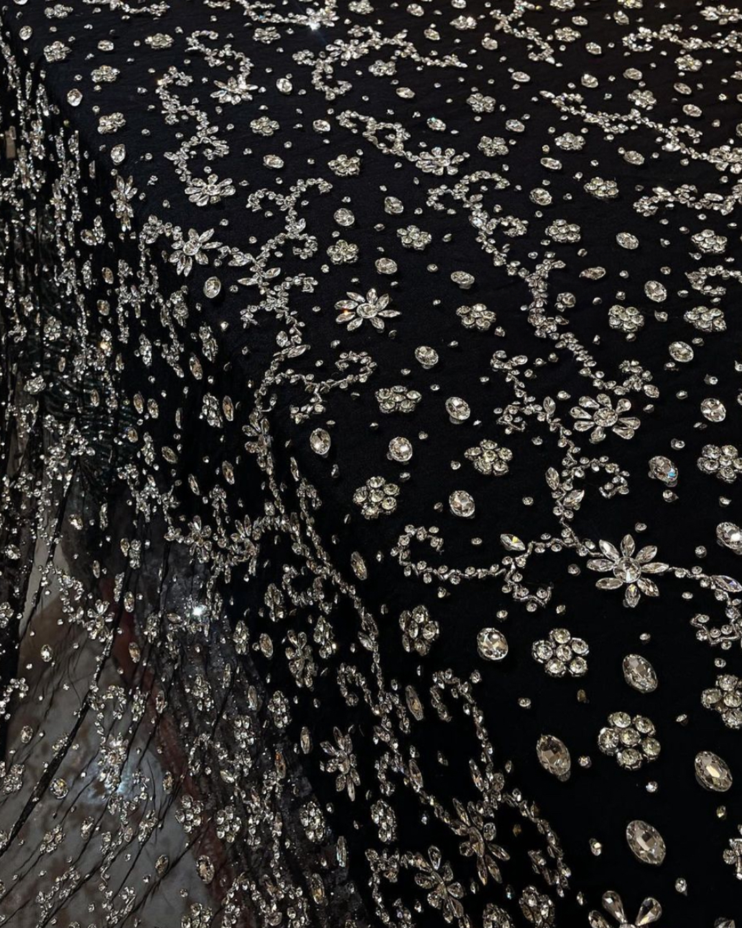 Handcrafted Luxurious Rhinestone and Bead Embroidery Fabric β Available in Black and White Variants