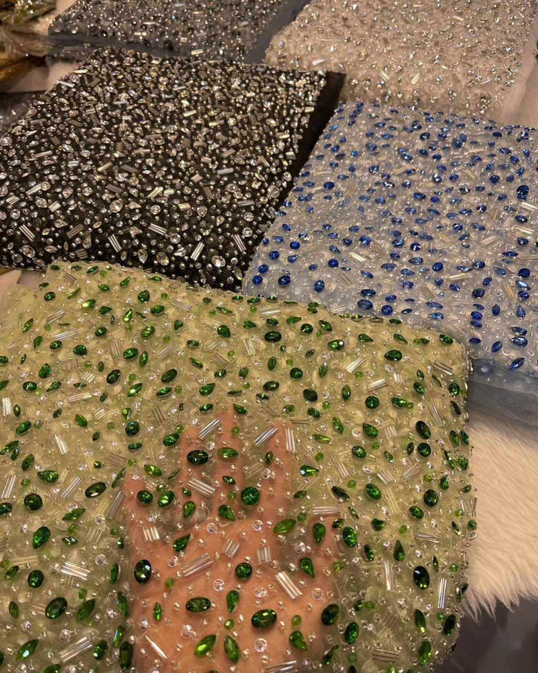 Luxurious Handcrafted Beaded Fabric β Available in Ivory, Beige, Red, Green, Black & Blue