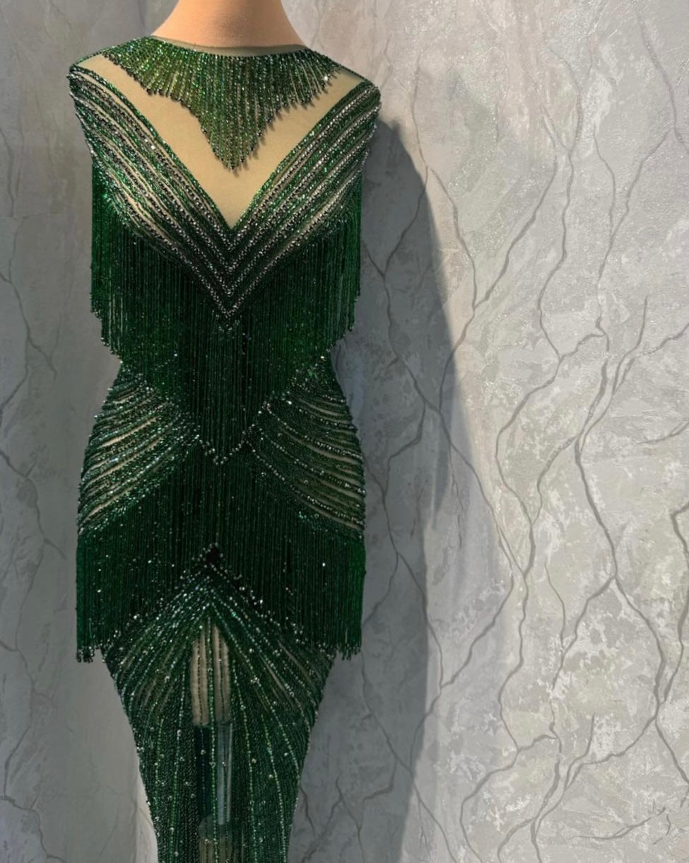 Celestial Elegance Beaded Fringe Gown β A Symphony of Sparkle and Style