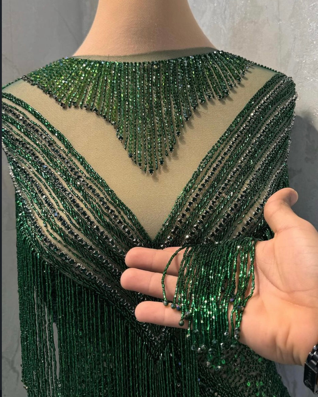 Celestial Elegance Beaded Fringe Gown β A Symphony of Sparkle and Style