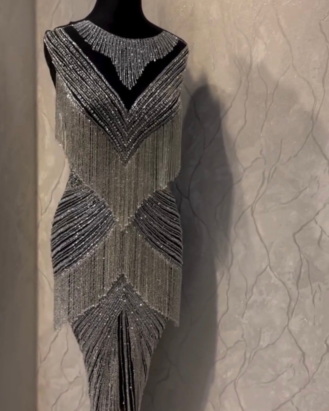 Celestial Elegance Beaded Fringe Gown β A Symphony of Sparkle and Style