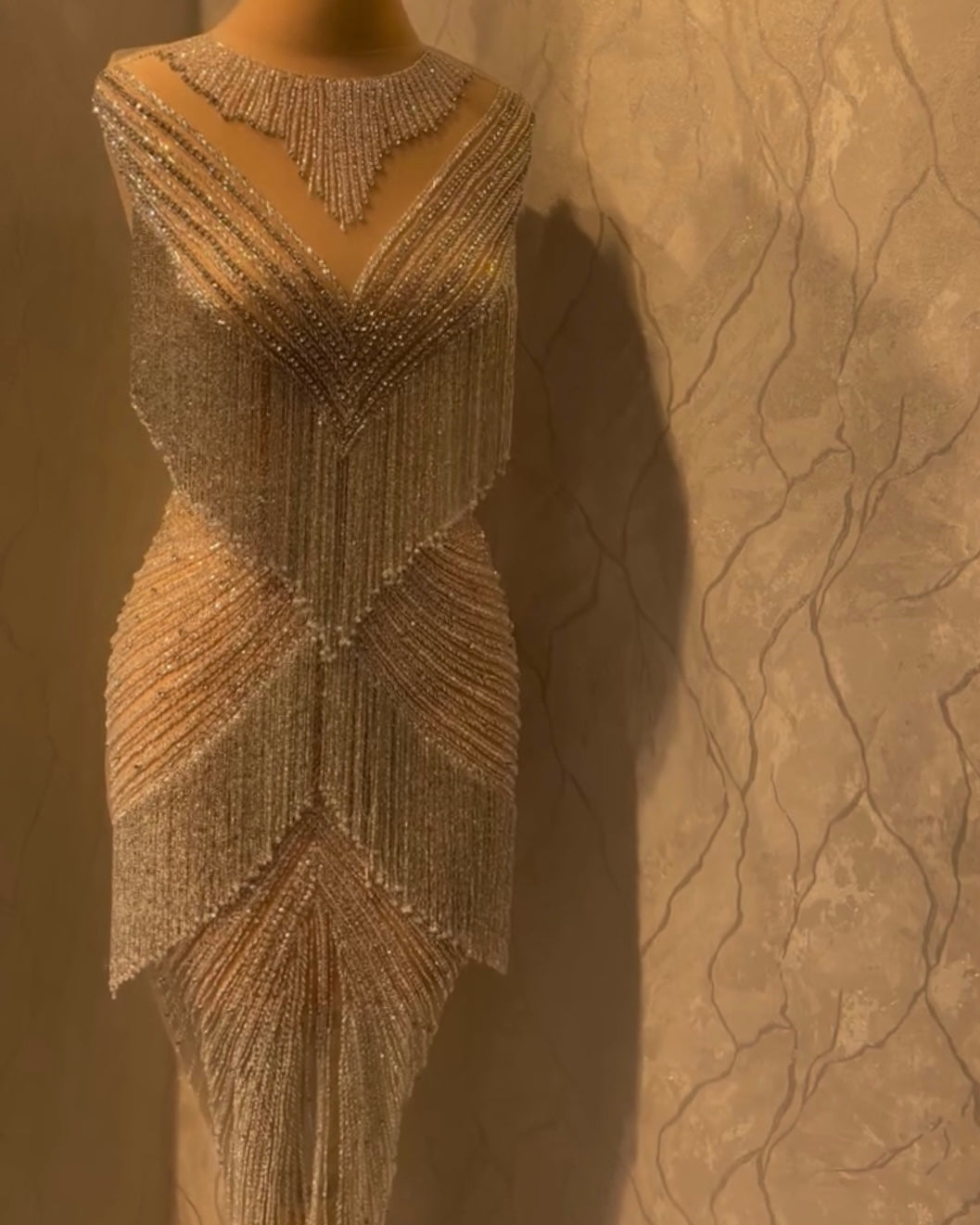 Celestial Elegance Beaded Fringe Gown β A Symphony of Sparkle and Style
