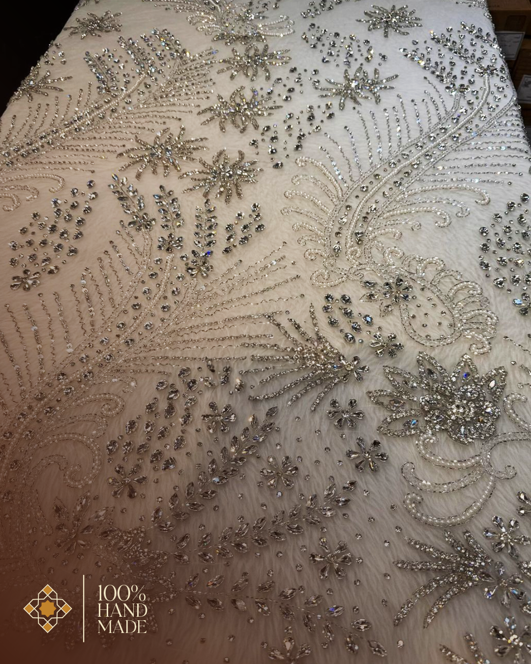 Exquisite Hand-Embroidered Ivory Floral and Abstract Fabric: Unparalleled Elegance for Luxe Creations