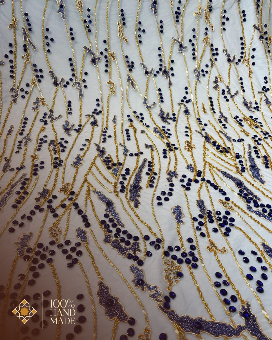 Luxurious Handcrafted Embroidered Fabric β Dynamic Gold & Blue Design with Silver & Purple Options