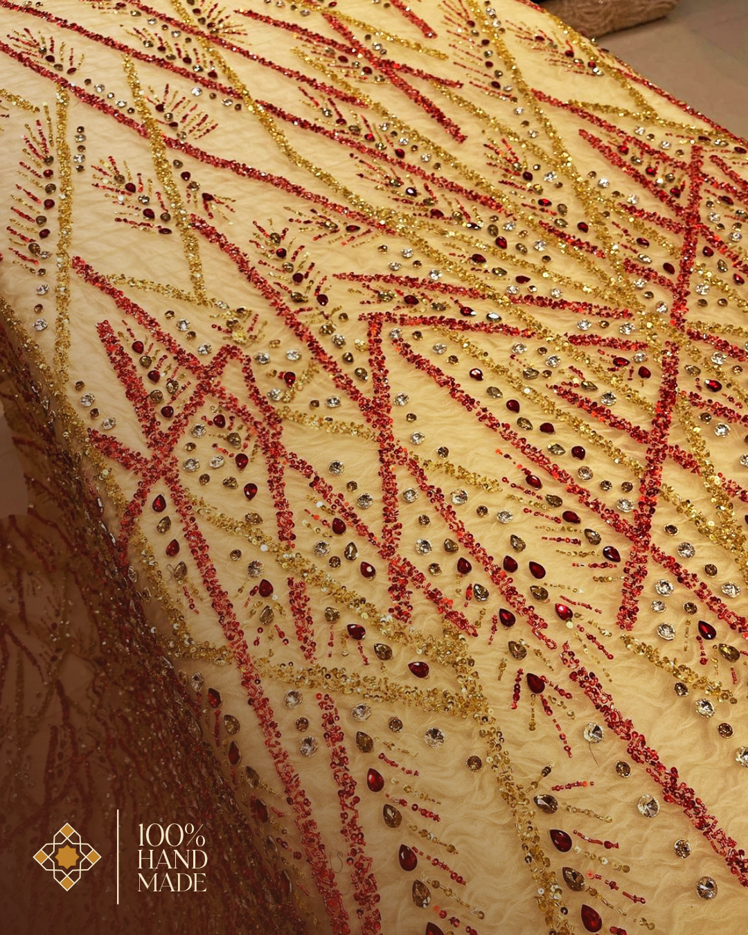Handcrafted Luxury Embroidered Fabric β Art Deco Elegance in Golden, Red, and Green Variants