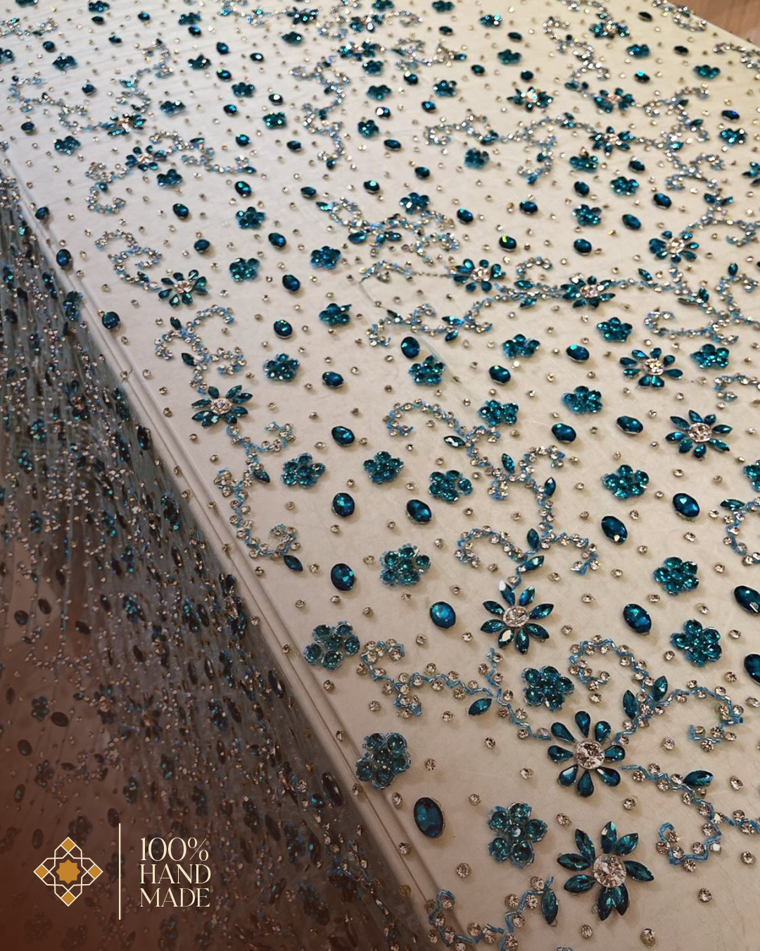 Handcrafted Luxurious Rhinestone and Bead Embroidery Fabric β Available in Black and White Variants