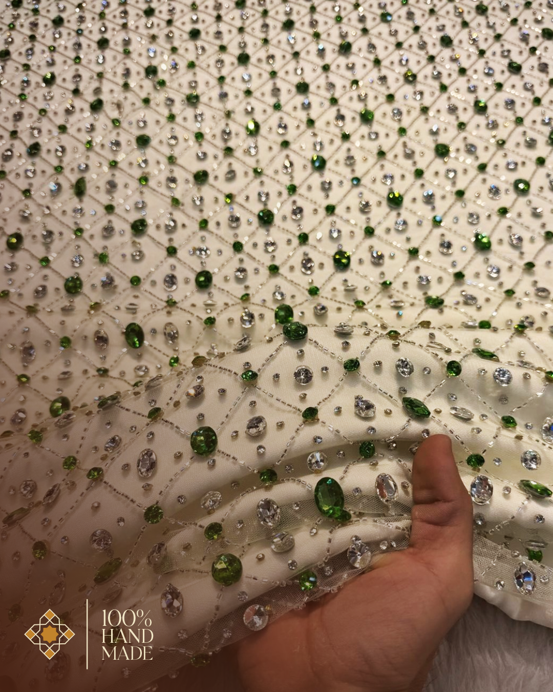 Geometric Elegance: Luxurious Hand-Embroidered Tulle Fabrics with Radiant Rhinestones