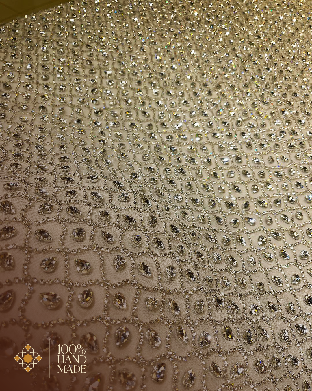 Radiant Hand-Embroidered Geometric Fabric β Iridescent Elegance