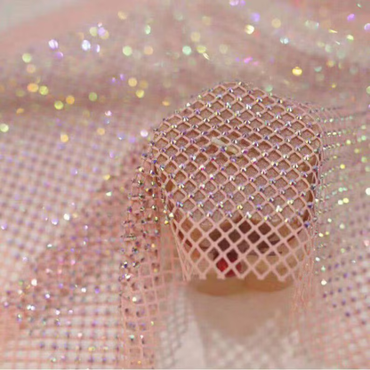 Vibrant Rhinestone Fishnet Fabric in Black, Pink, and White