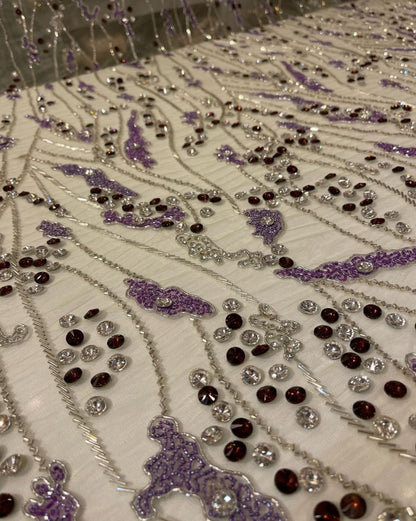 Luxurious Handcrafted Embroidered Fabric – Dynamic Gold & Blue Design with Silver & Purple Options