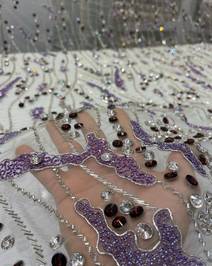 Luxurious Handcrafted Embroidered Fabric – Dynamic Gold & Blue Design with Silver & Purple Options