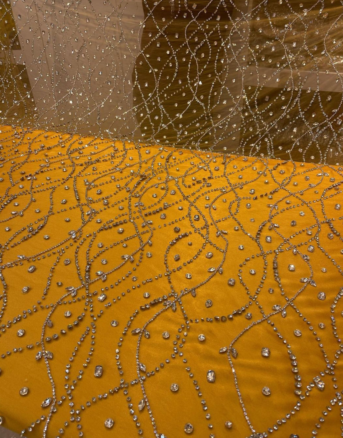 Golden Radiance – Luxurious Hand-Embroidered Geometric Fabric