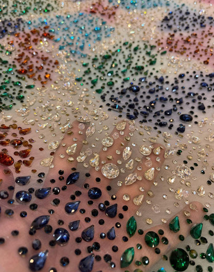 Luxurious Handcrafted Gradient Rhinestone and Bead Embroidered Tulle Fabric – Vibrant Greens, Yellows, Pinks, and Clear Crystal Accents for Bridal Dresses