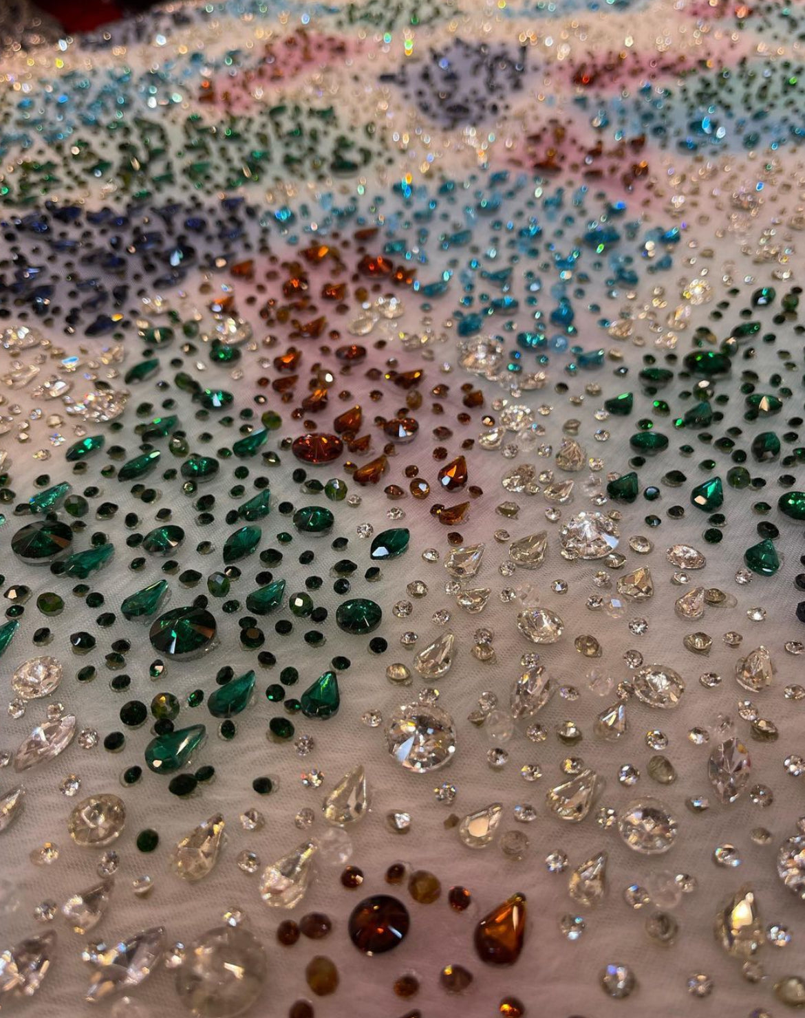 Luxurious Handcrafted Gradient Rhinestone and Bead Embroidered Tulle Fabric – Vibrant Greens, Yellows, Pinks, and Clear Crystal Accents for Bridal Dresses