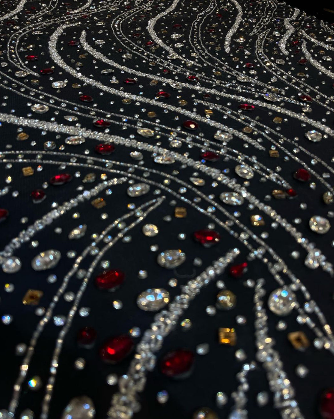 Luxurious Hand-Embroidered Black Fabric with Shimmering Elegance