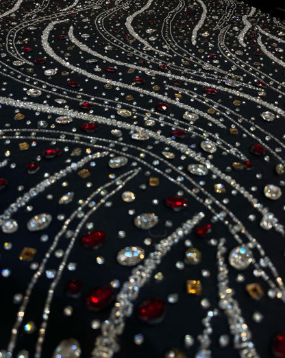 Luxurious Hand-Embroidered Black Fabric with Shimmering Elegance