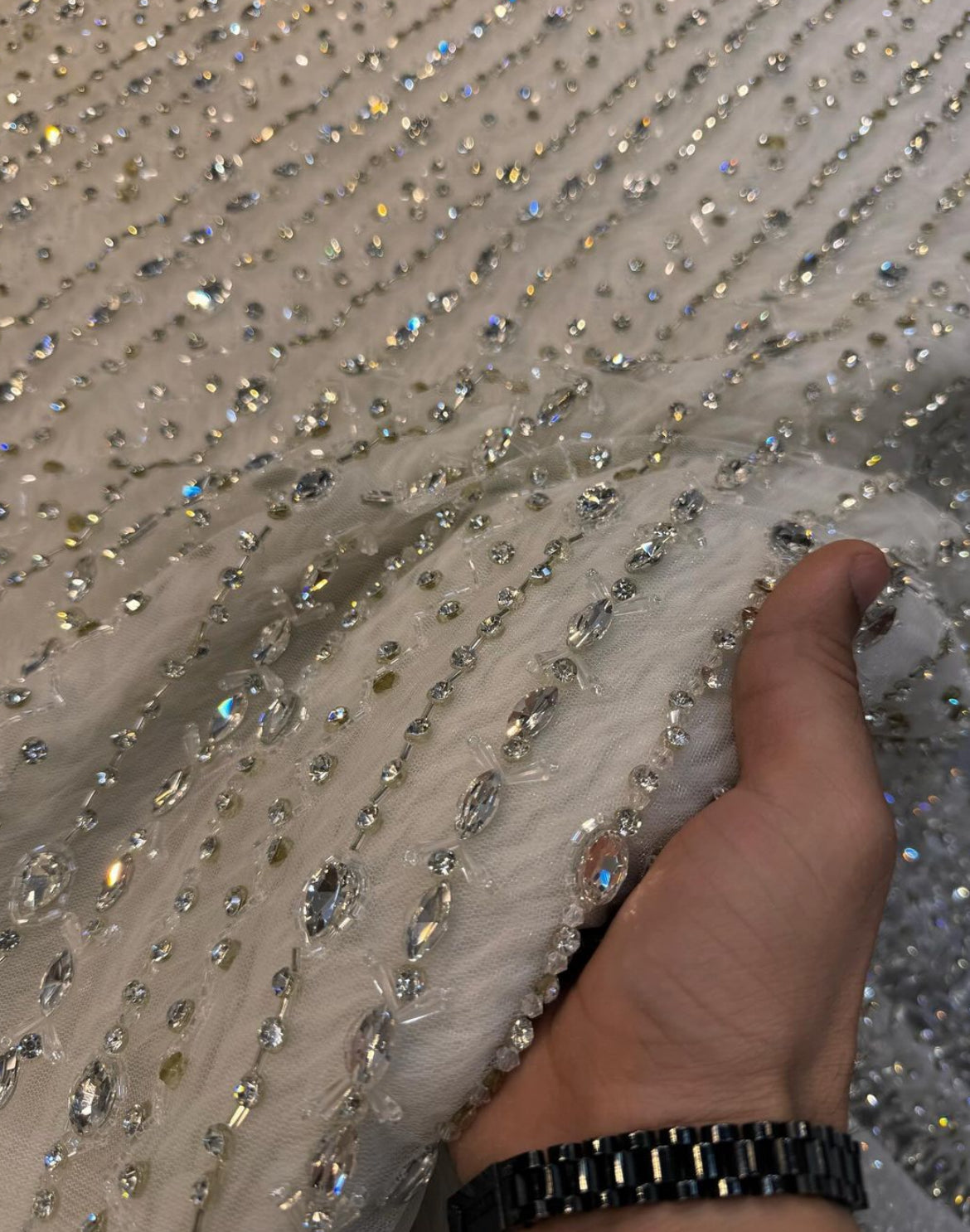 Radiant Beaded Fabric in Champagne, Silver, and Gray – Perfect for Bridal and Couture Creations