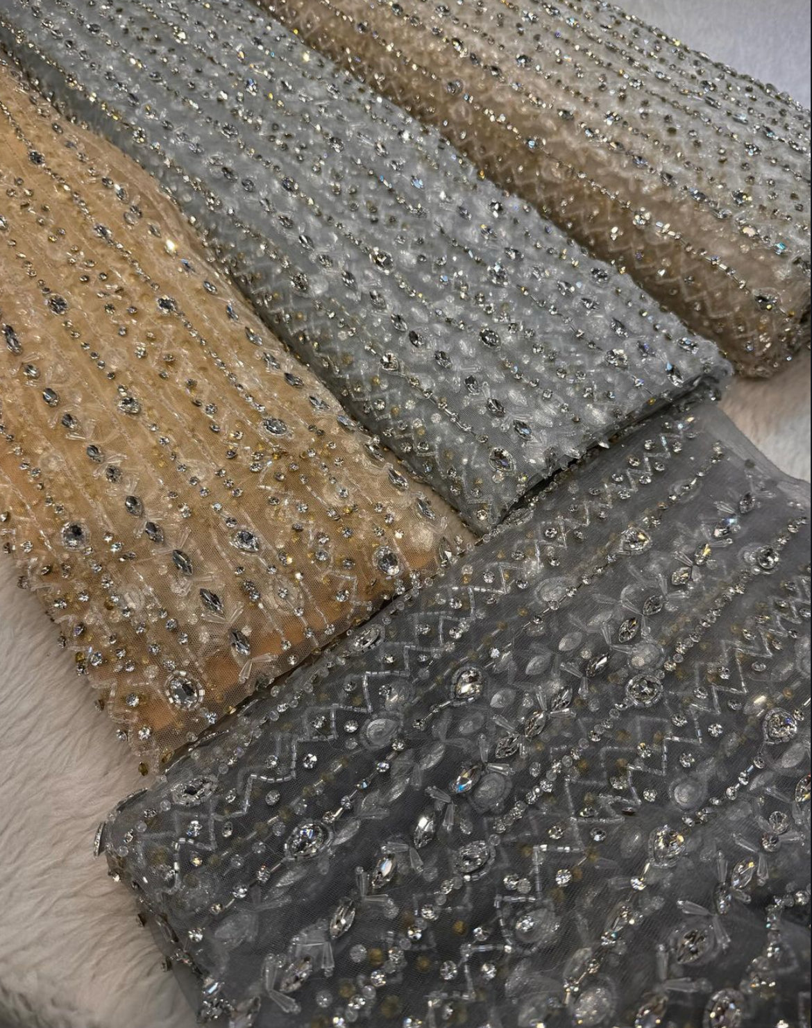 Radiant Beaded Fabric in Champagne, Silver, and Gray – Perfect for Bridal and Couture Creations