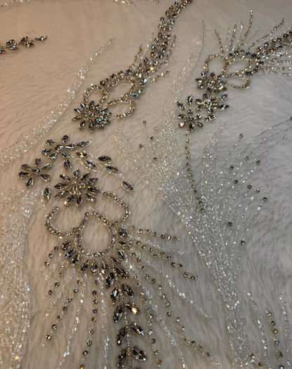 Ethereal Elegance: Hand-Embroidered Ivory Mesh Fabric with Shimmering Details