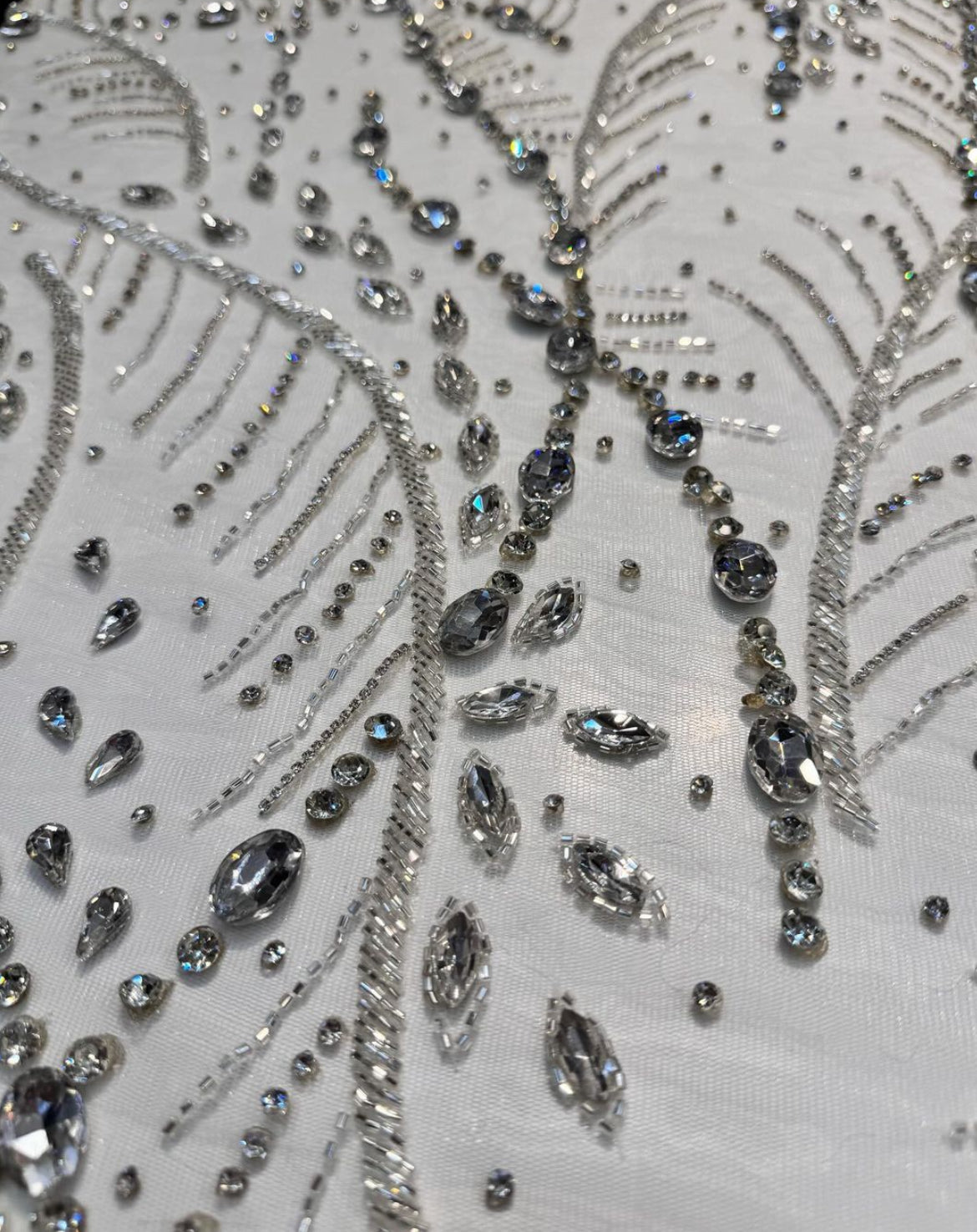 Luxurious Handcrafted Gold & Clear Rhinestone Embroidery Fabric – Elegant Botanical Design with Opulent Beadwork for Couture Fashion