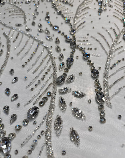 Luxurious Handcrafted Gold & Clear Rhinestone Embroidery Fabric – Elegant Botanical Design with Opulent Beadwork for Couture Fashion