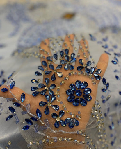 Sapphire Bloom Handcrafted Rhinestone Embroidery