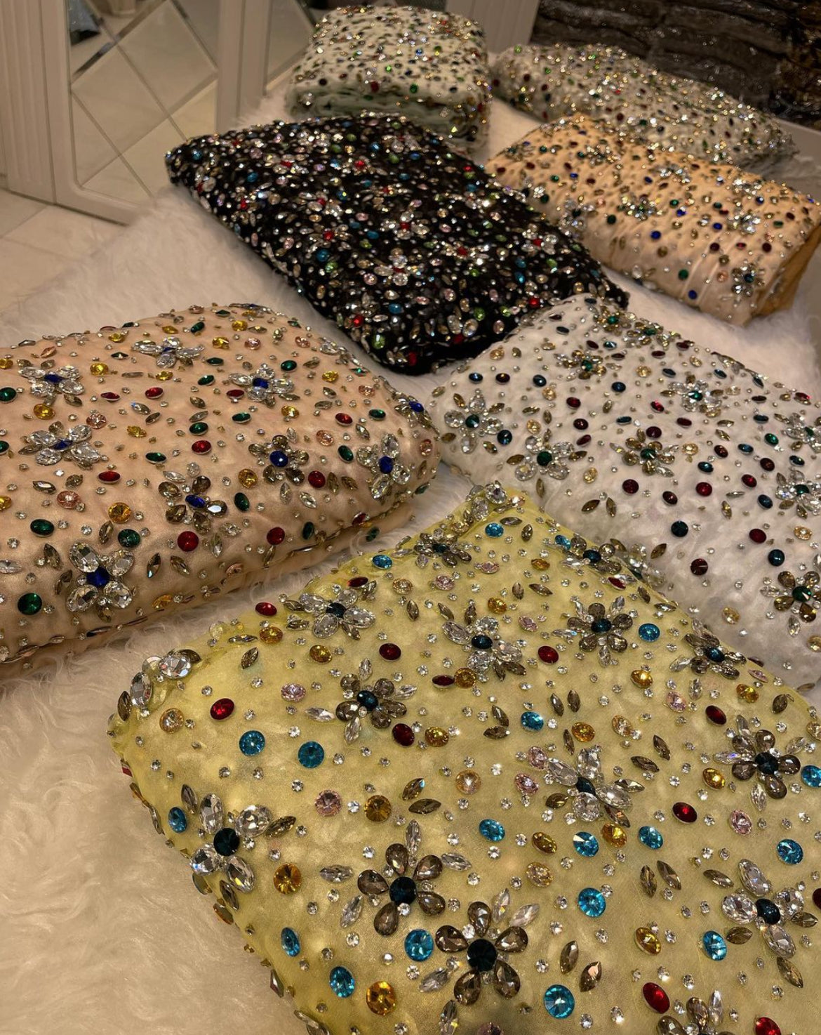 Elegant Radiance: Hand-Embroidered Rhinestone Tulle Fabrics in Exquisite Hues