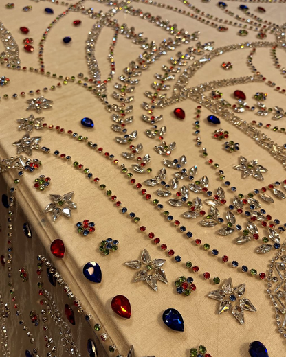 Vibrant Opulence: Handcrafted Rhinestone & Bead Embroidery on Ivory