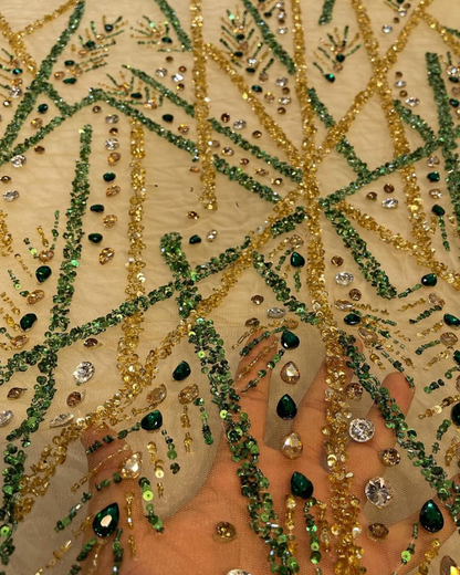 Handcrafted Luxury Embroidered Fabric – Art Deco Elegance in Golden, Red, and Green Variants