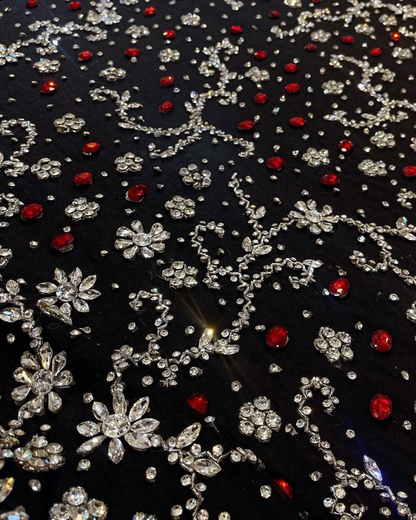 Handcrafted Luxurious Rhinestone and Bead Embroidery Fabric – Available in Black and White Variants