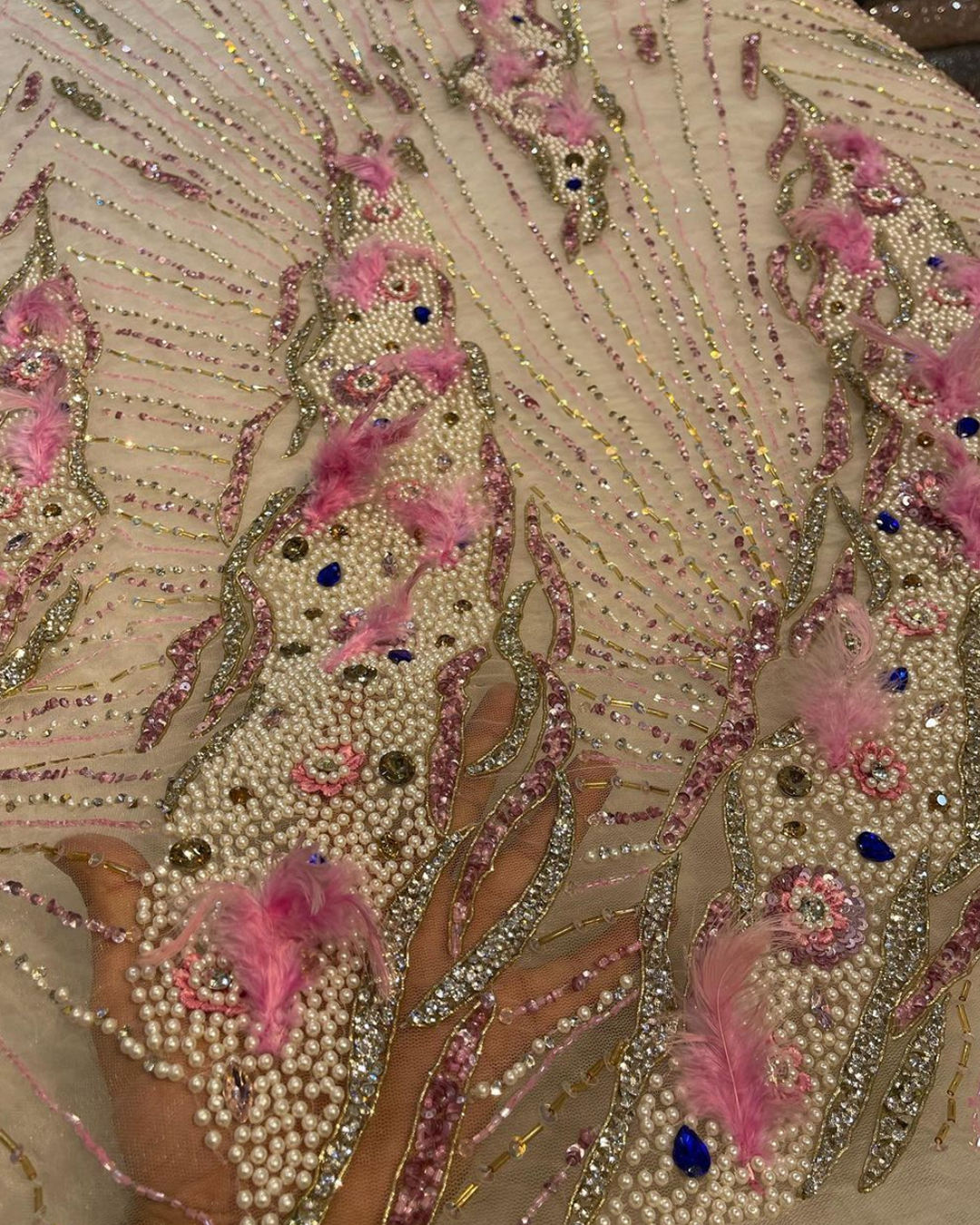 Exquisite Handcrafted Feathered Embroidery Fabric – Green & Pink Luxury Options