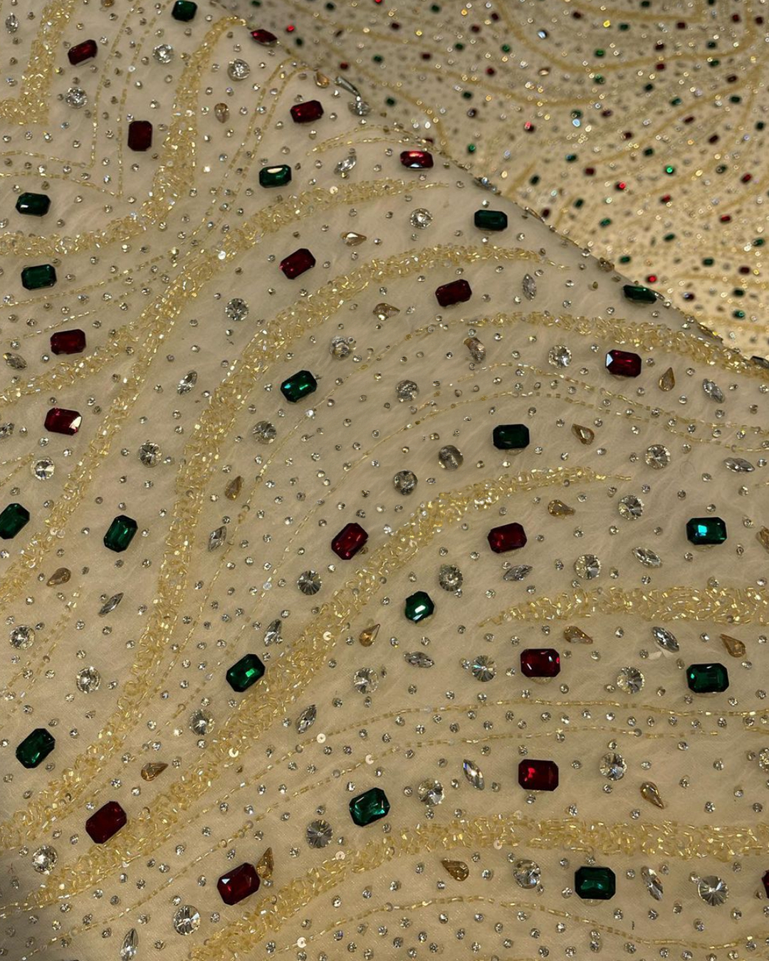 Luxurious Handcrafted Rhinestone and Bead Embroidery Fabric – Available in Ivory, Gold, and Mint Green