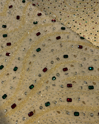 Luxurious Handcrafted Rhinestone and Bead Embroidery Fabric – Available in Ivory, Gold, and Mint Green