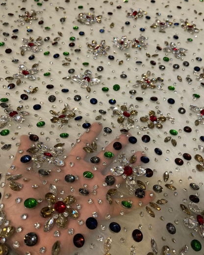 Elegant Radiance: Hand-Embroidered Rhinestone Tulle Fabrics in Exquisite Hues