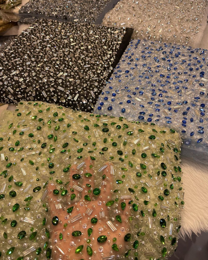 Luxurious Handcrafted Beaded Fabric – Available in Ivory, Beige, Red, Green, Black & Blue