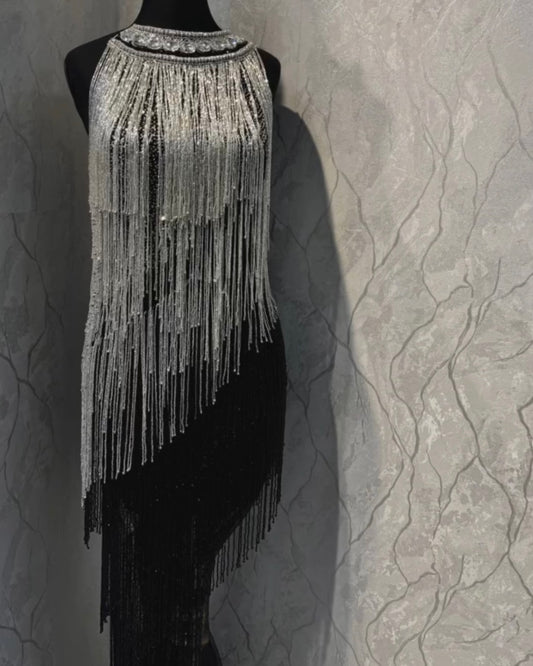 Luxury Fringe Hand-Beaded Panel Dress with Crystal Detailing on Black Tulle – Fully Customizable Design