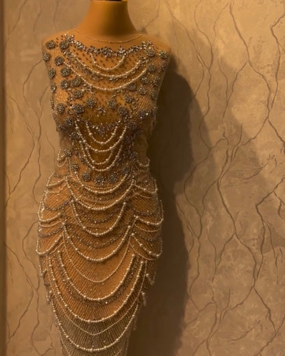 Sculpted Opulence: Bespoke Panel Fabric with Cascading Pearl Embellishments