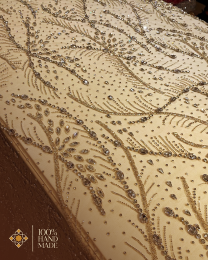 Luxurious Handcrafted Gold & Clear Rhinestone Embroidery Fabric – Elegant Botanical Design with Opulent Beadwork for Couture Fashion