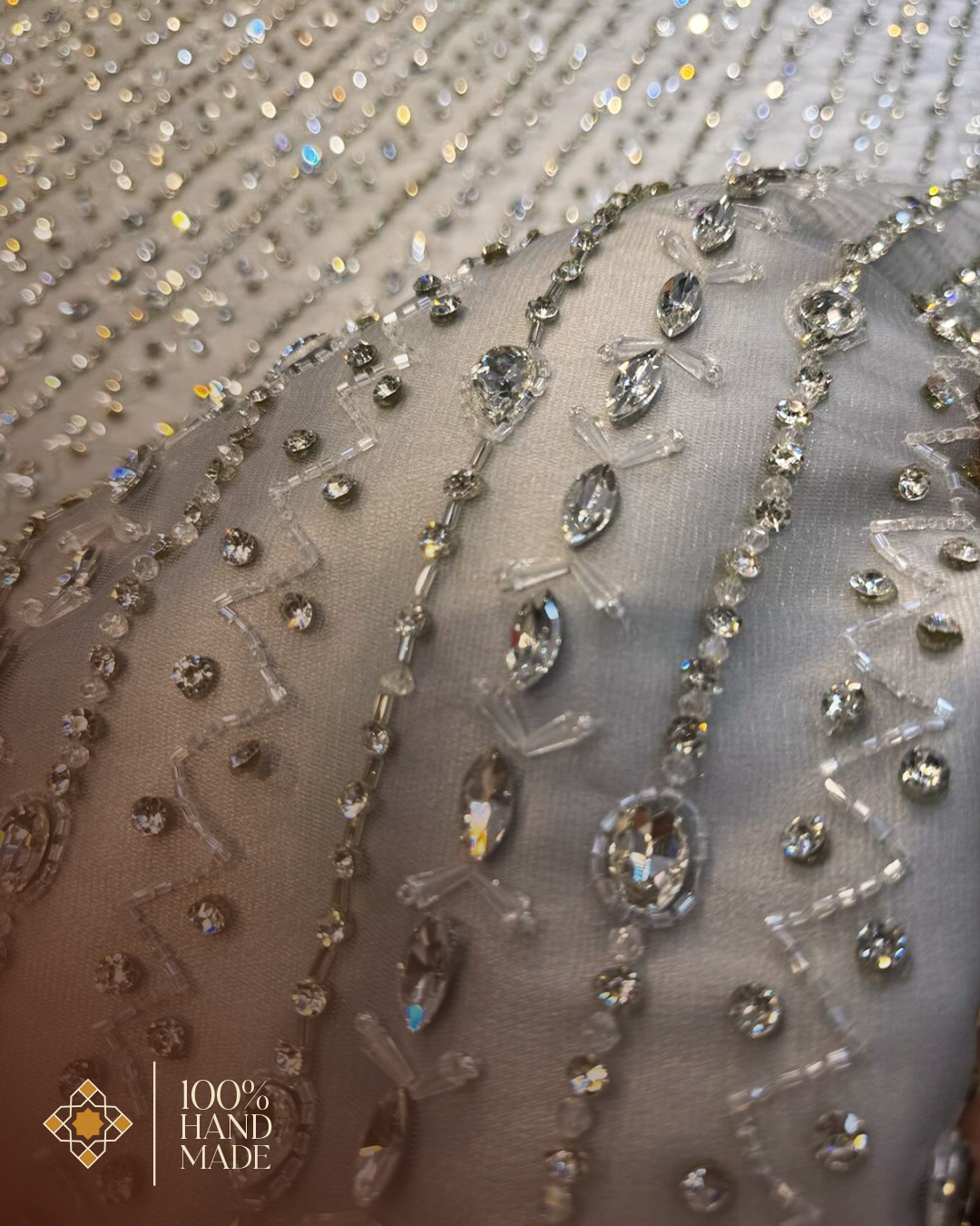 Radiant Beaded Fabric in Champagne, Silver, and Gray – Perfect for Bridal and Couture Creations